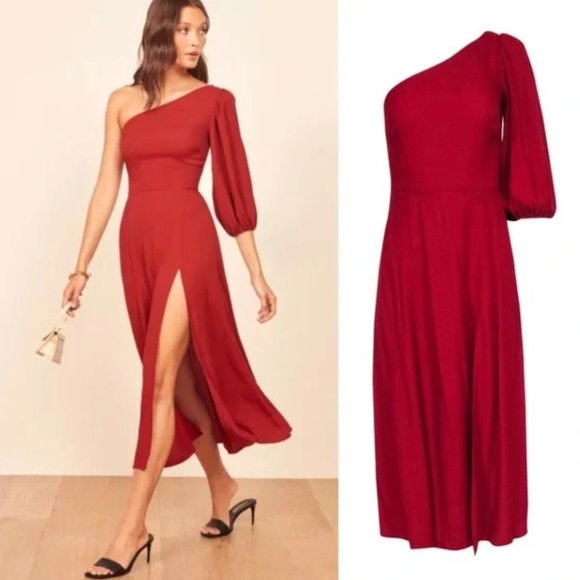 NWT Reformation Lawrence One Shoulder Crimson Red Puff Sleeve Midi Dress Size 8 - Picture 5 of 9